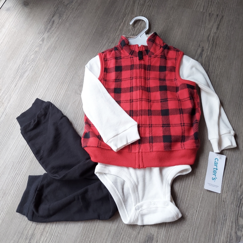 Carter's 3 Piece 24M Red and Black Buffalo Plaid Set